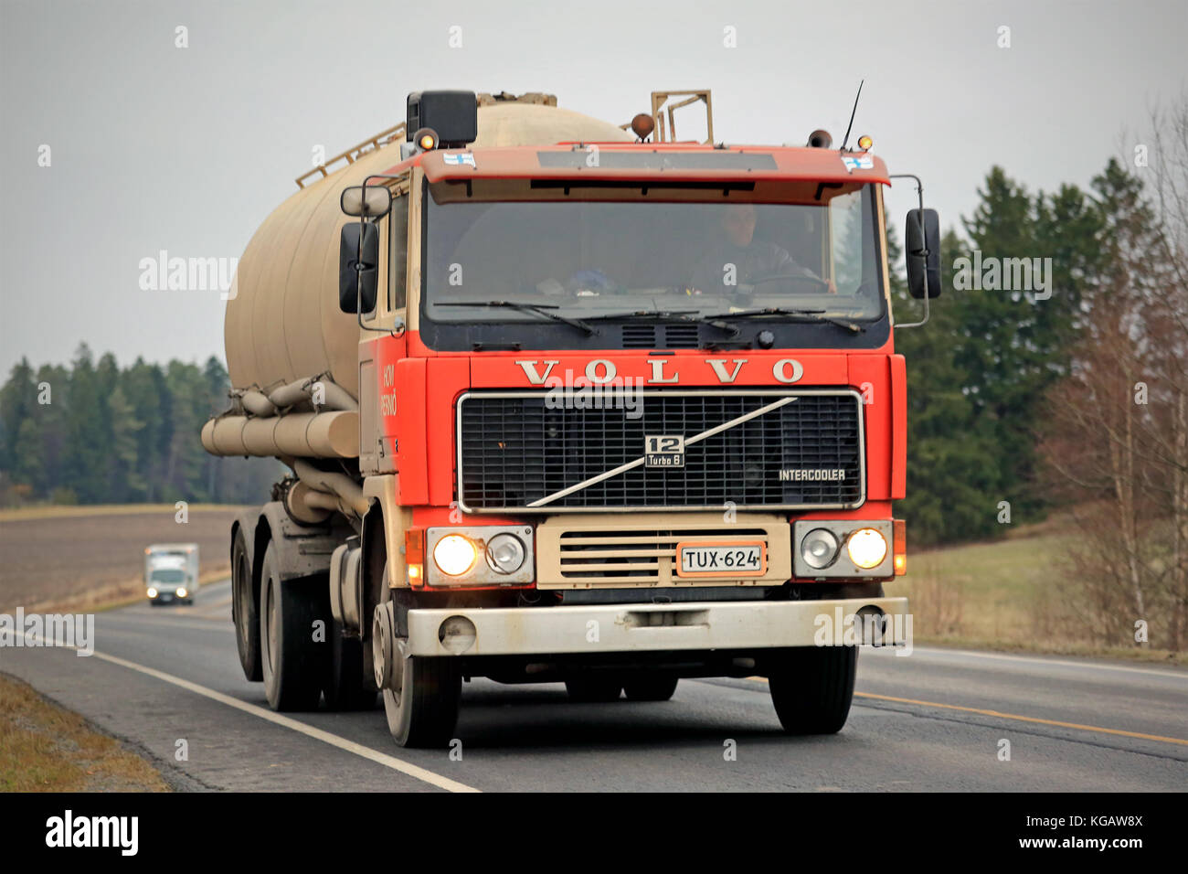 SALO, FINLAND - NOVEMBER 7, 2015: Early Volvo F12 tank truck on the road. Volvo f12 belongs to the F series manufactured by Volvo Trucks between 1977  Stock Photo