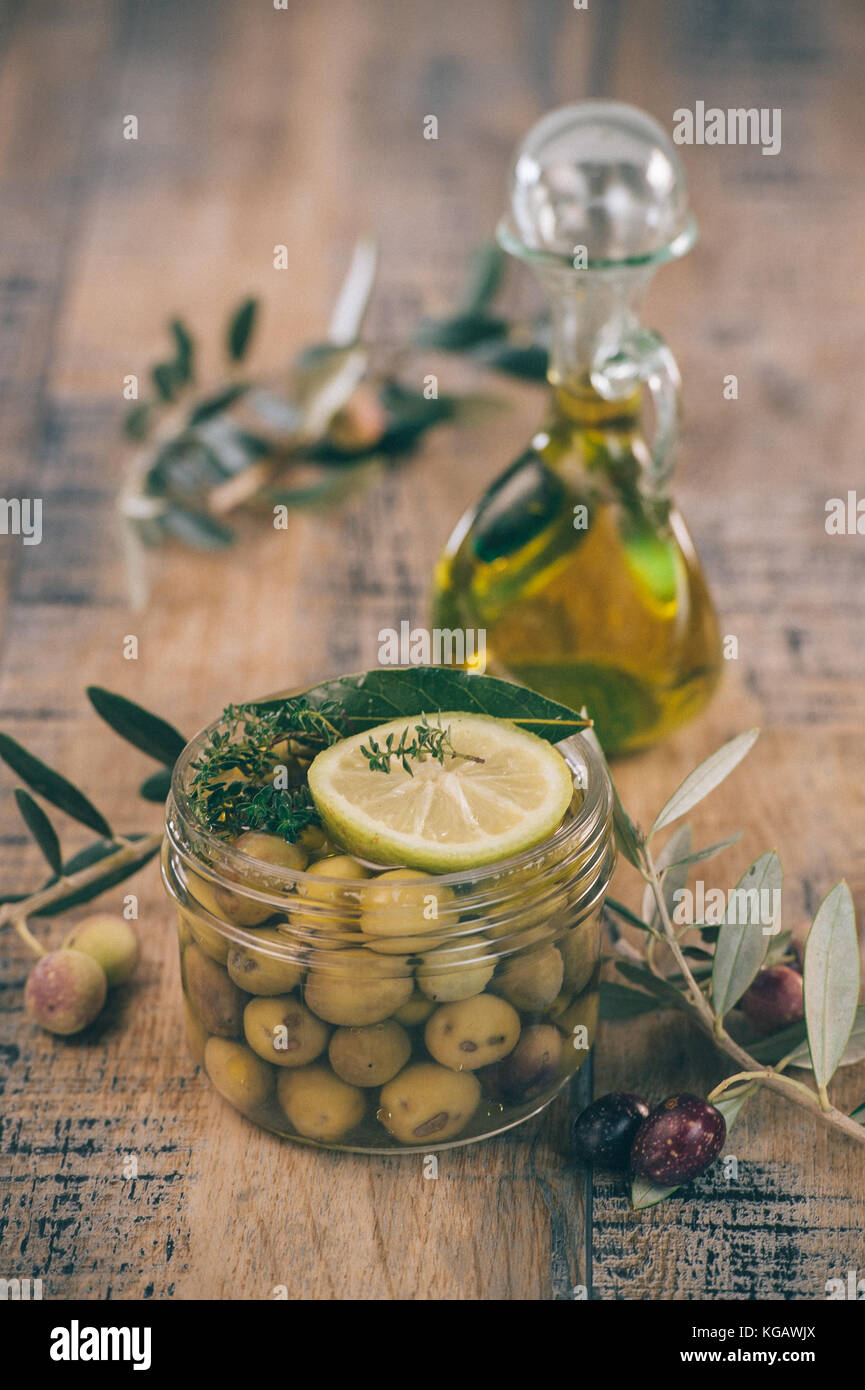 Green olives preserved in jar, preserve Stock Photo Alamy