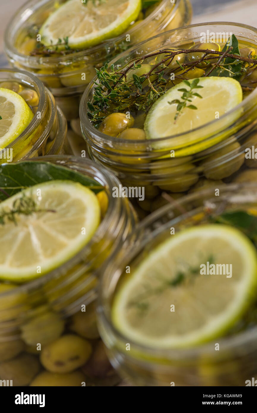 Green olives preserved in jar, preserve Stock Photo Alamy