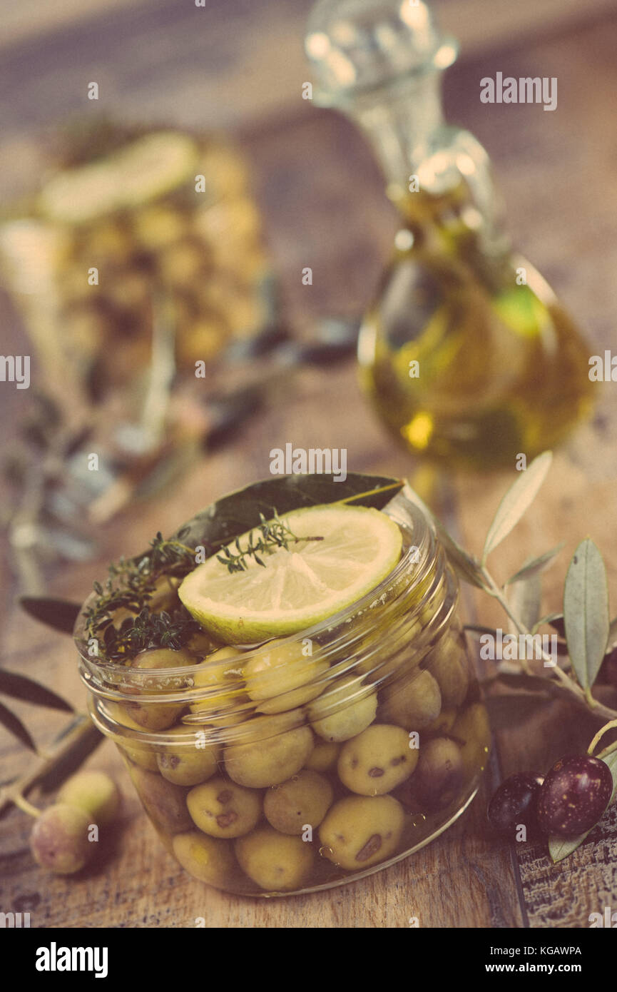 Green olives preserved in jar, preserve Stock Photo Alamy