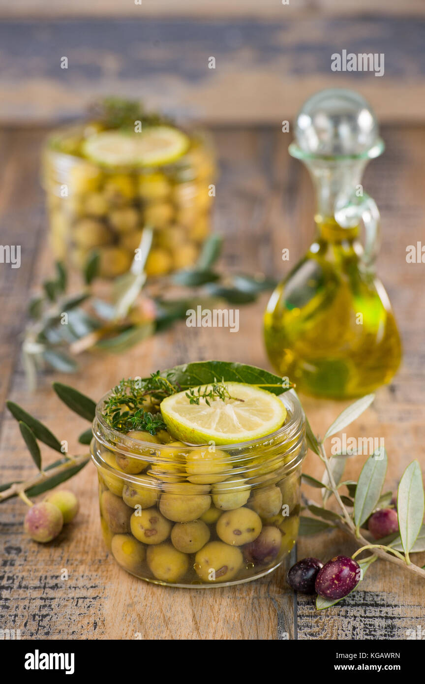 Green olives preserved in jar, preserve Stock Photo Alamy
