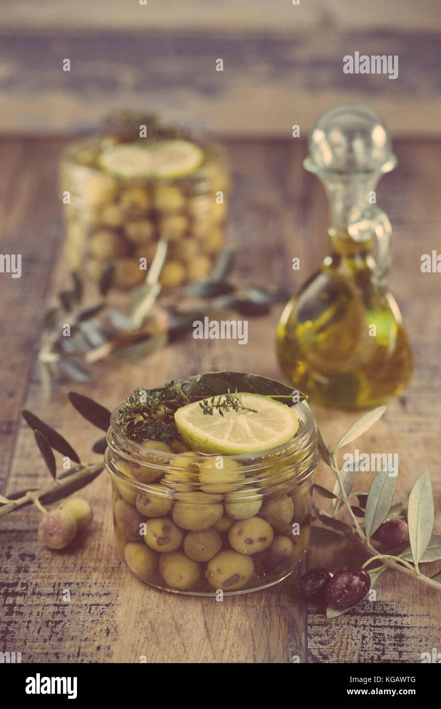 Green olives preserved in jar, preserve Stock Photo Alamy