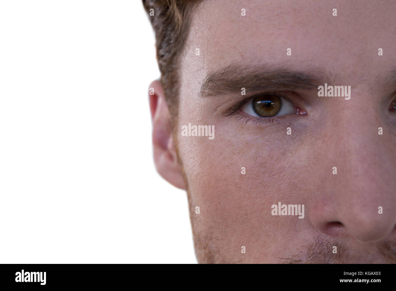 Extreme close up of man against white background Stock Photo - Alamy