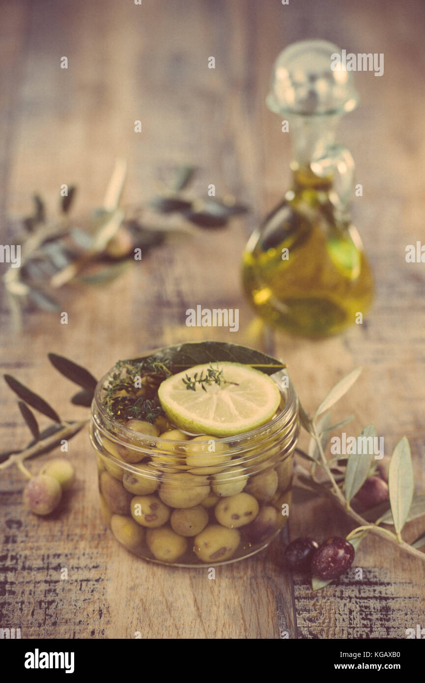 Green olives preserved in jar, preserve Stock Photo Alamy