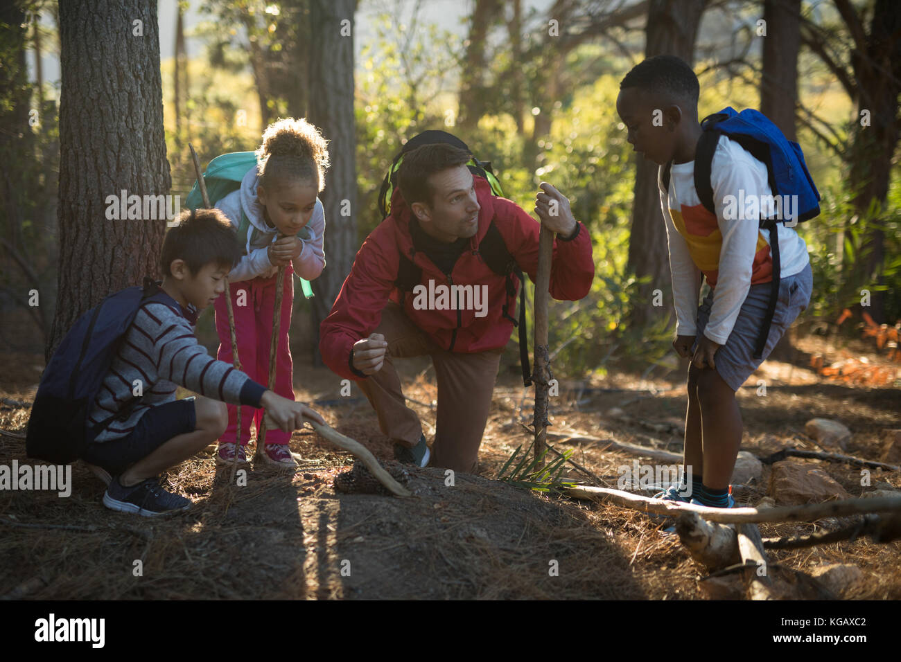 Teacher and kids examining soil in forest Stock Photo
