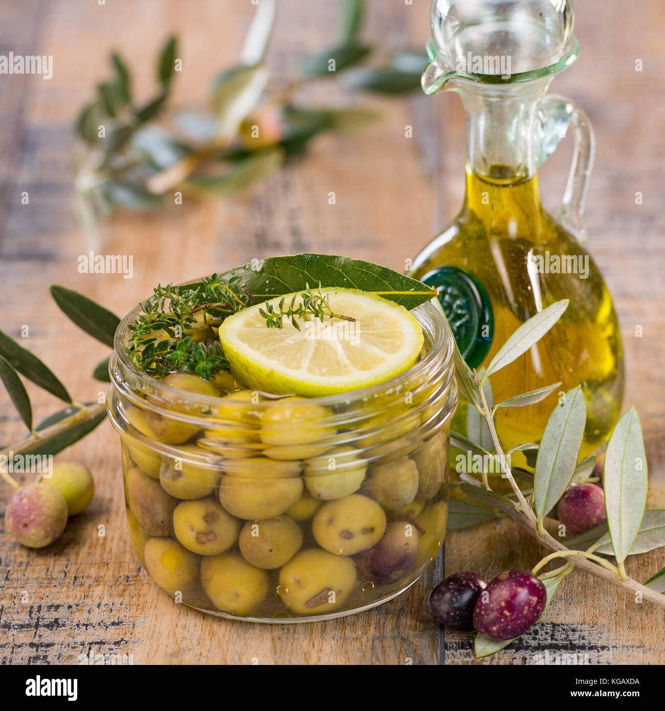 Green olives preserved in jar, preserve Stock Photo Alamy