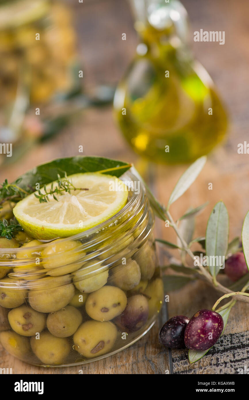 Green olives preserved in jar, preserve Stock Photo Alamy