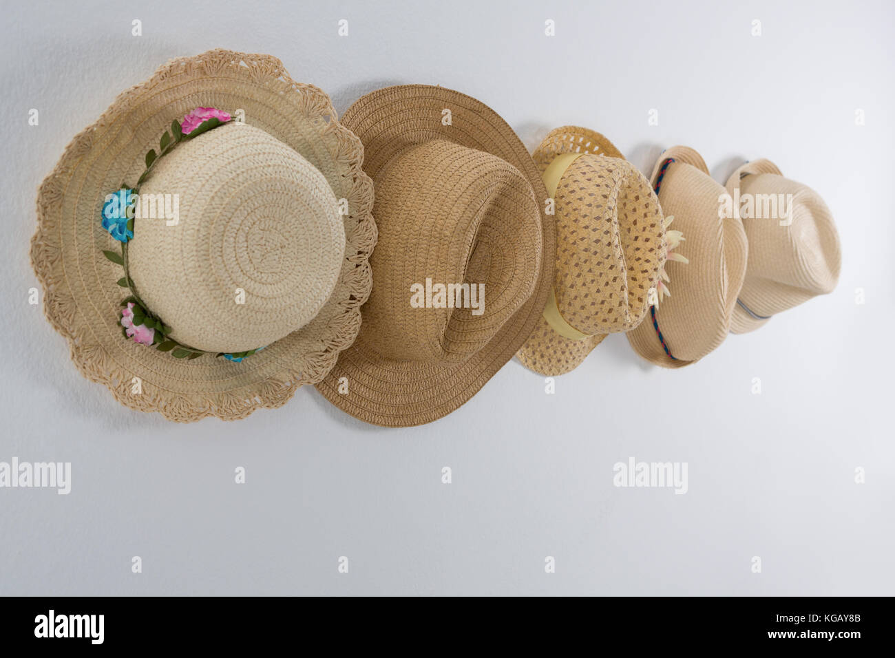 https://c8.alamy.com/comp/KGAY8B/various-straw-hats-hanging-on-hook-against-wall-KGAY8B.jpg