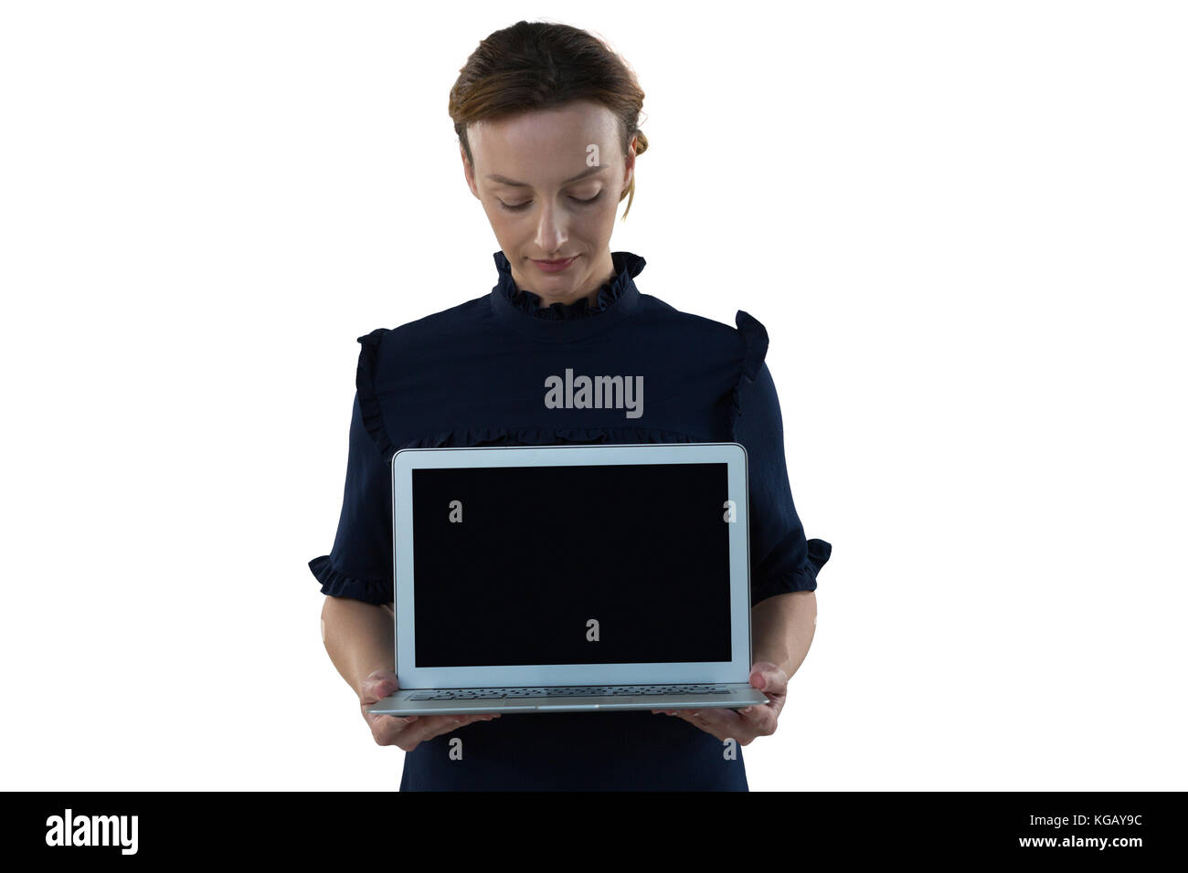 Female executive holding laptop against white background Stock Photo ...