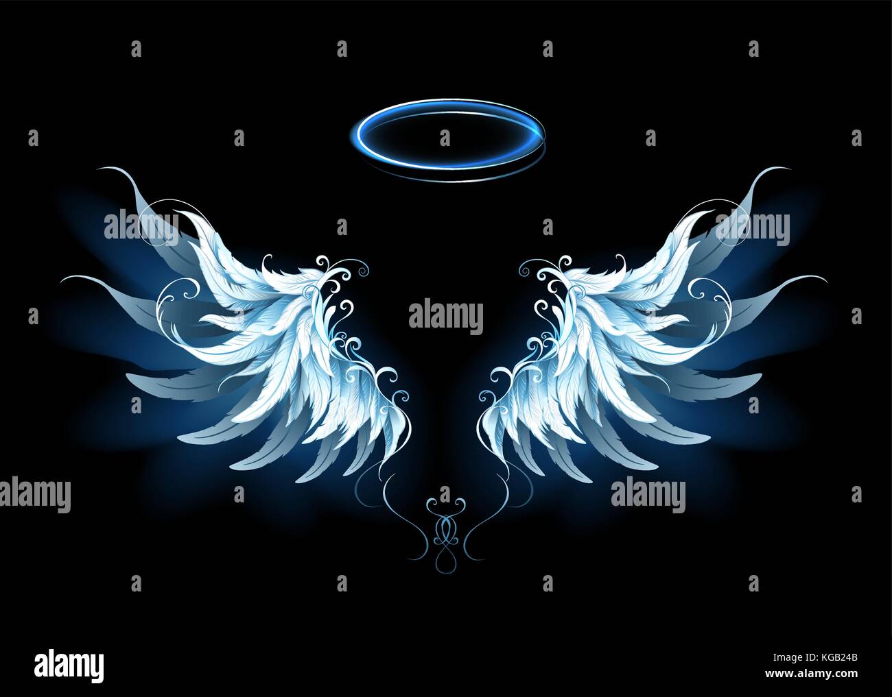 Light, artistic, blue angel wings on a black background. Angel wings. Stock Vector