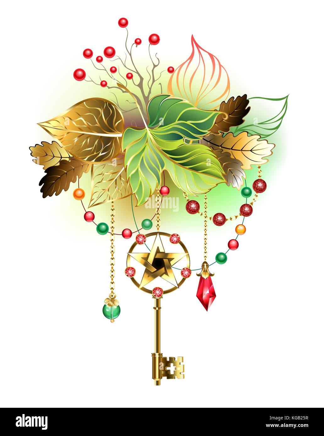 Antique gold decorated with magic pentagram key with gold and green autumn leaves on a white background. Design of jewelry. Stock Vector