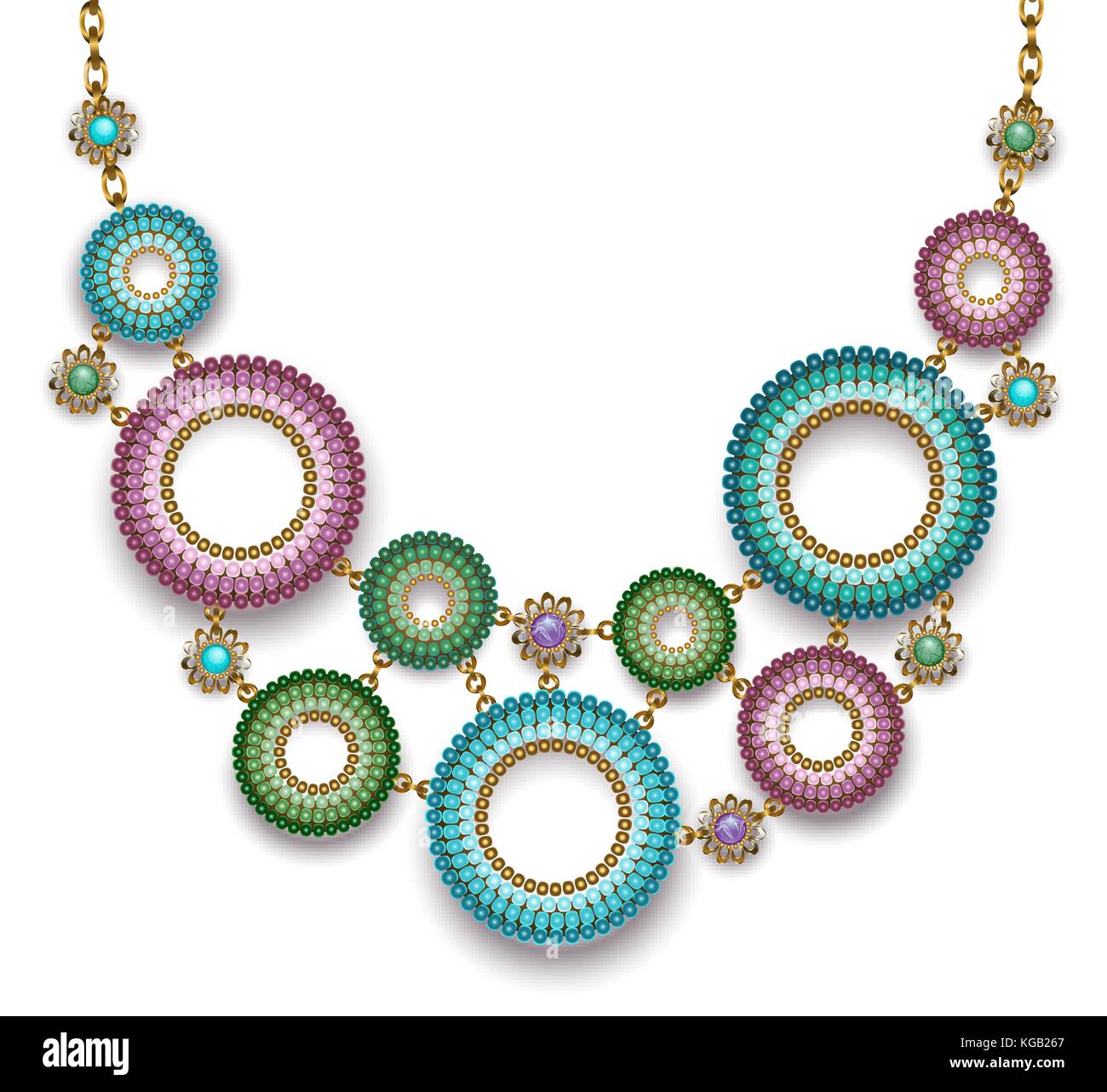 Ethnic, original, asymmetric necklace from bronze chains and rings with pink, turquoise and green beads. Boho style. Design of jewelry. Stock Vector