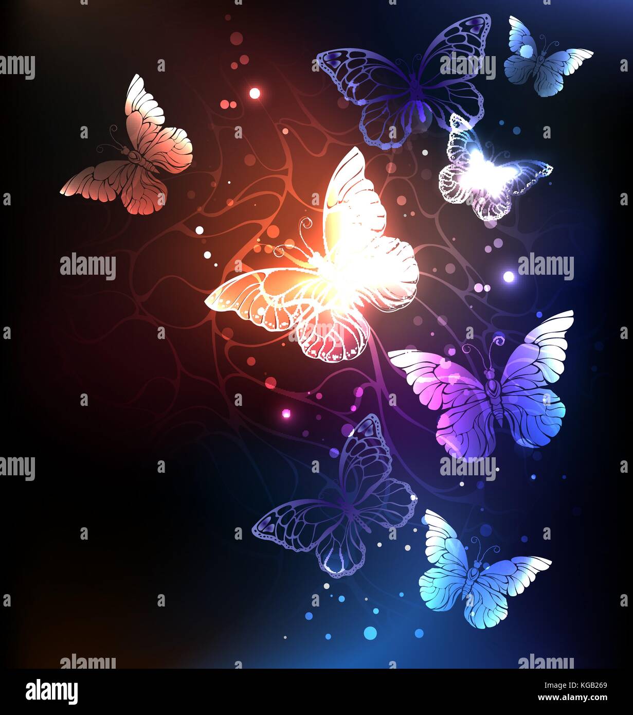 Night glowing butterflies on a dark abstract background. Night