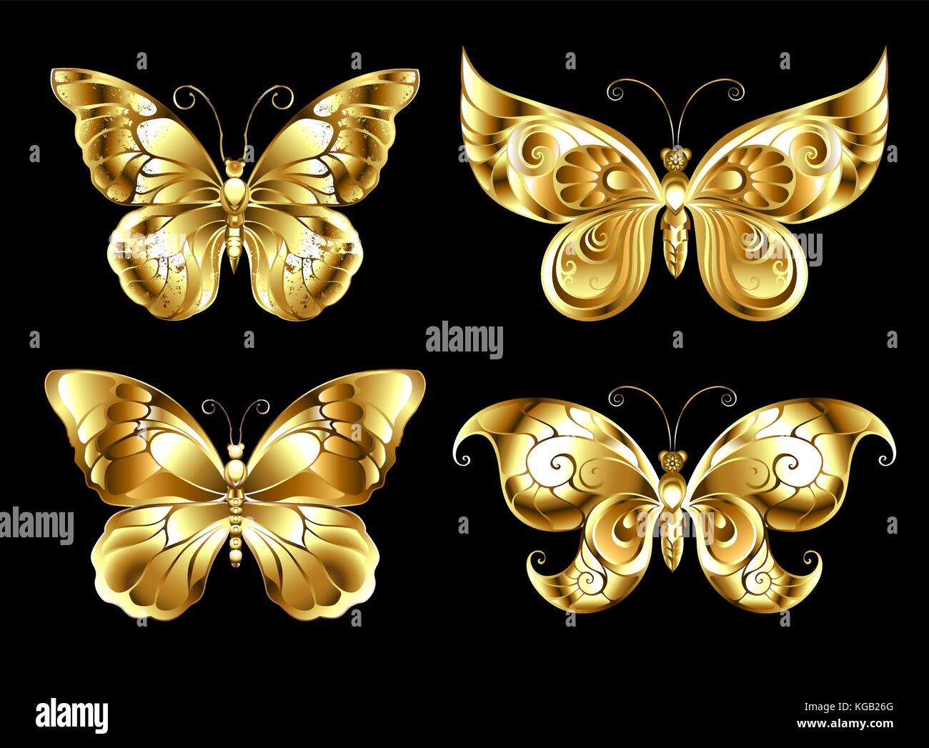 Set of artistic, jewelry, gold butterflies on a black background. Gold Butterflies. Stock Vector