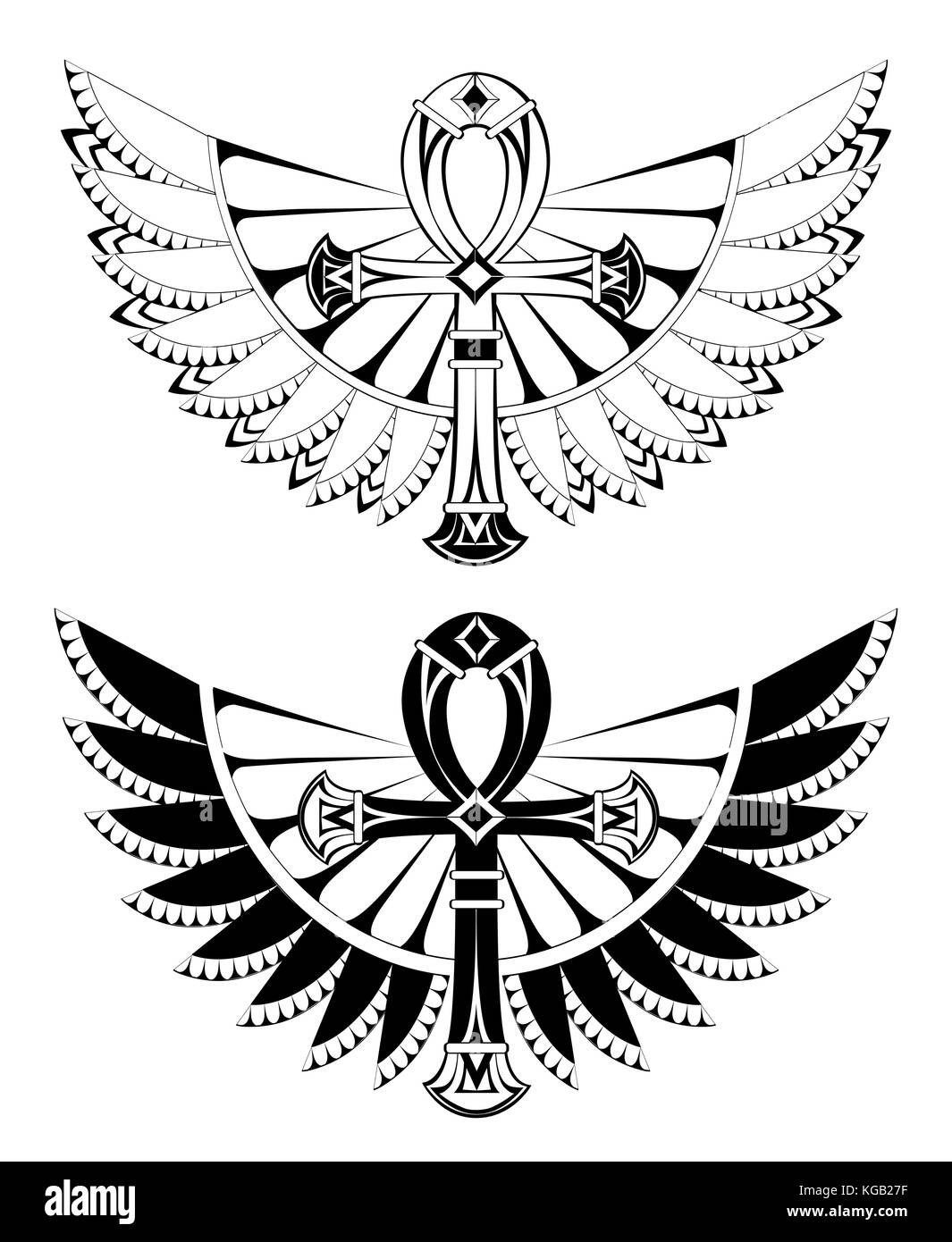 Two artistically drawn, contoured ankhs with wings on a white background. Tattoos style. Element of design. Egyptian Cross. Black ankh Stock Vector