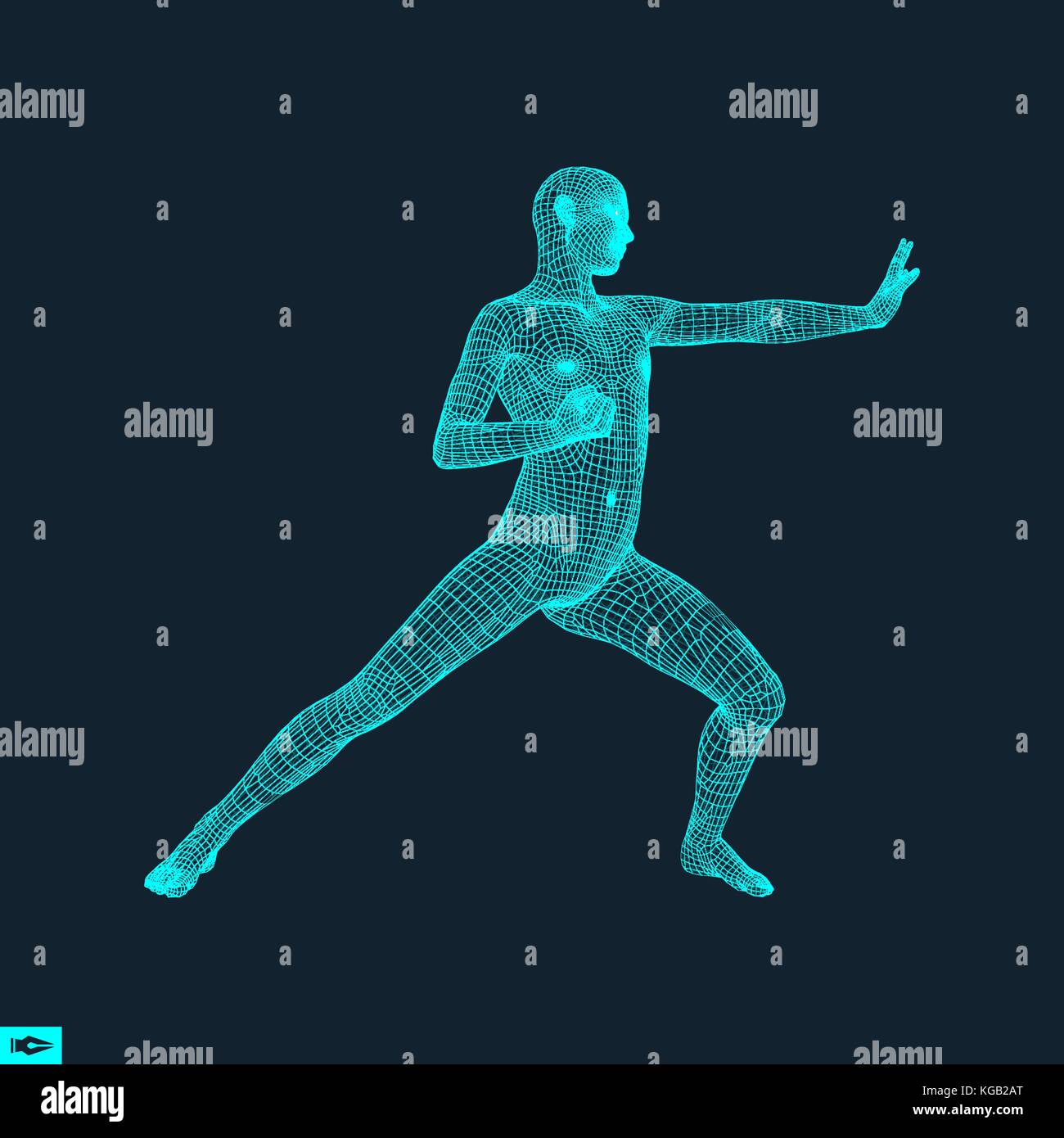 Fighter. Fitness sports. Martial arts. 3D Model of Man. Human Body. Sports Symbol. Design Element. Grid Vector Illustration. Stock Vector
