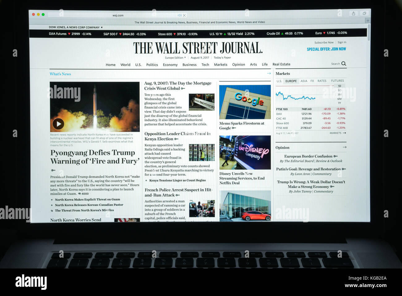 Milan Italy August 10 2017 Wall Street Journal Website Homepage - 