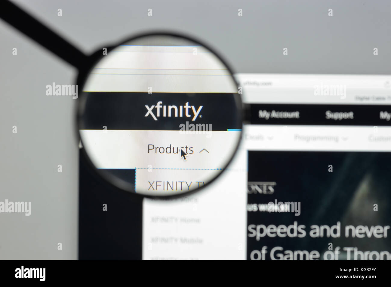 Milan, Italy - August 10, 2017: Xfinity website homepage. It is a brand of Comcast Cable Communications, LLC, a subsidiary of the Comcast Corporation. Stock Photo