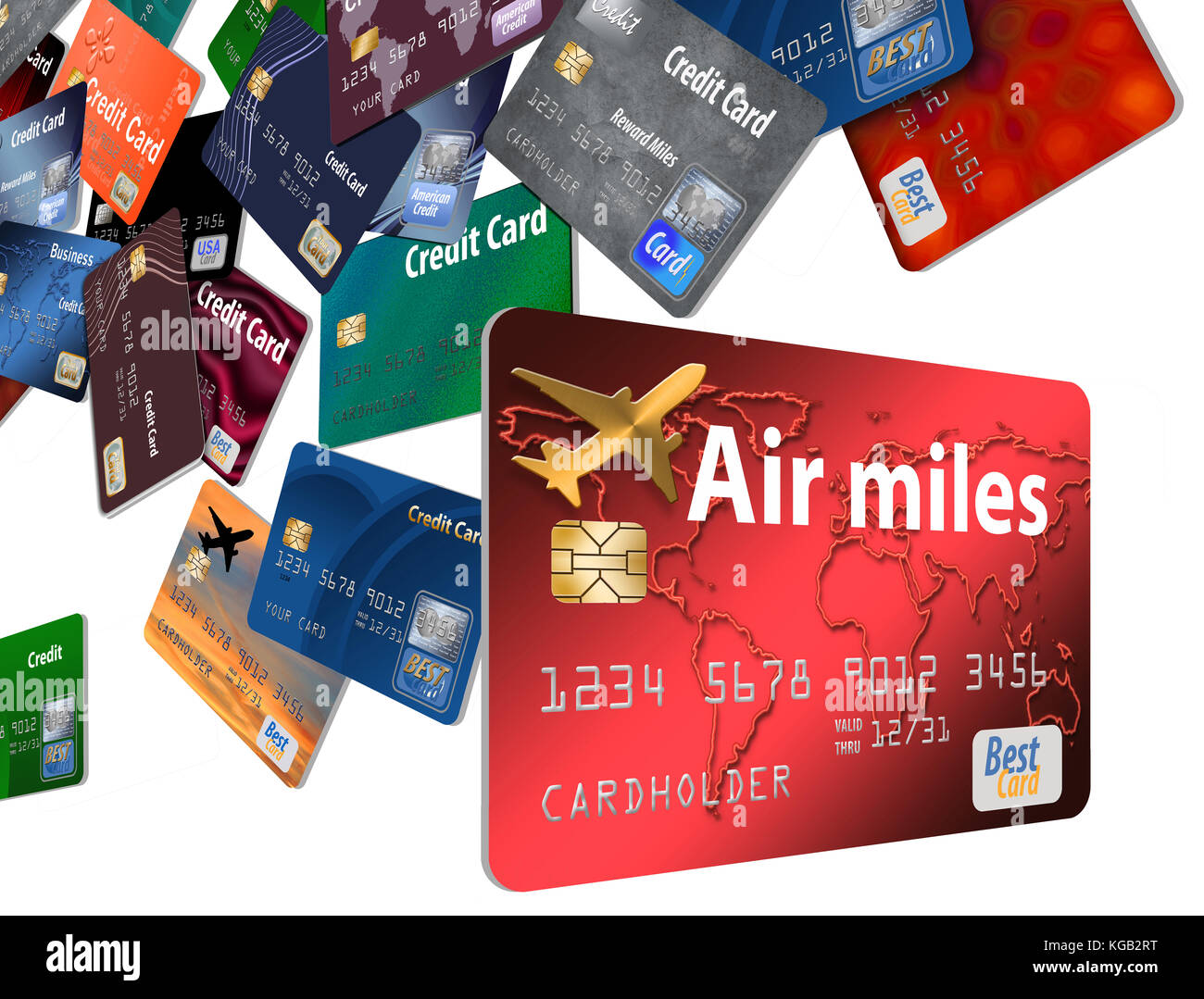 Dozens of credit cards floating and flying on a white background Stock ...
