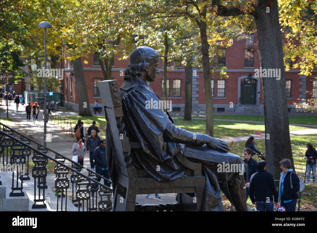 The famous John Harvard statue in Harvard Yard at Harvard University in