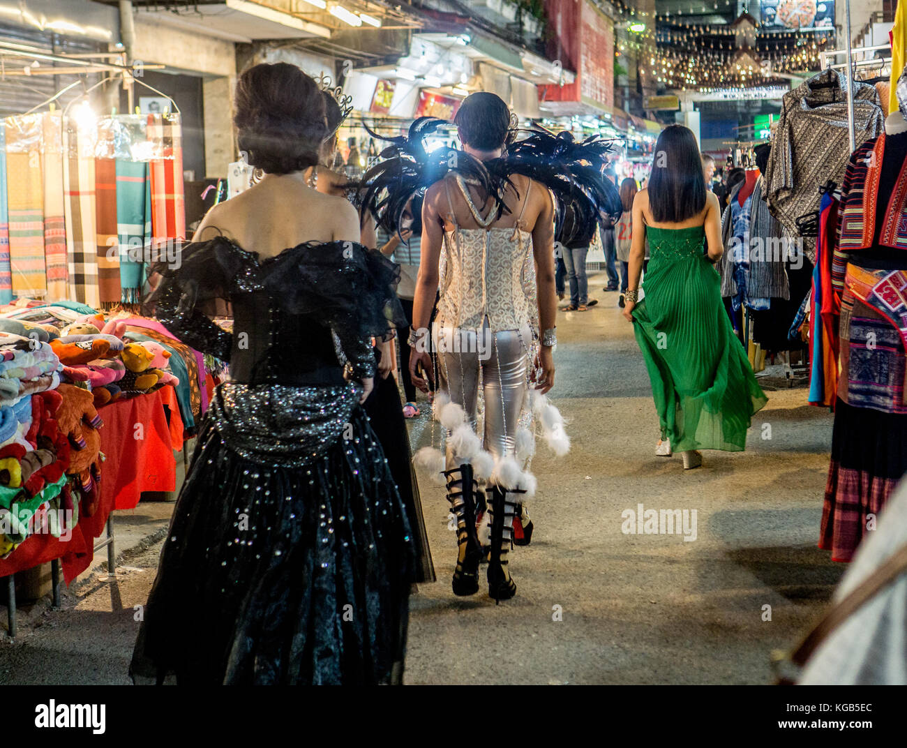 Ladyboys walking down the Night Bazaar Stock Photo