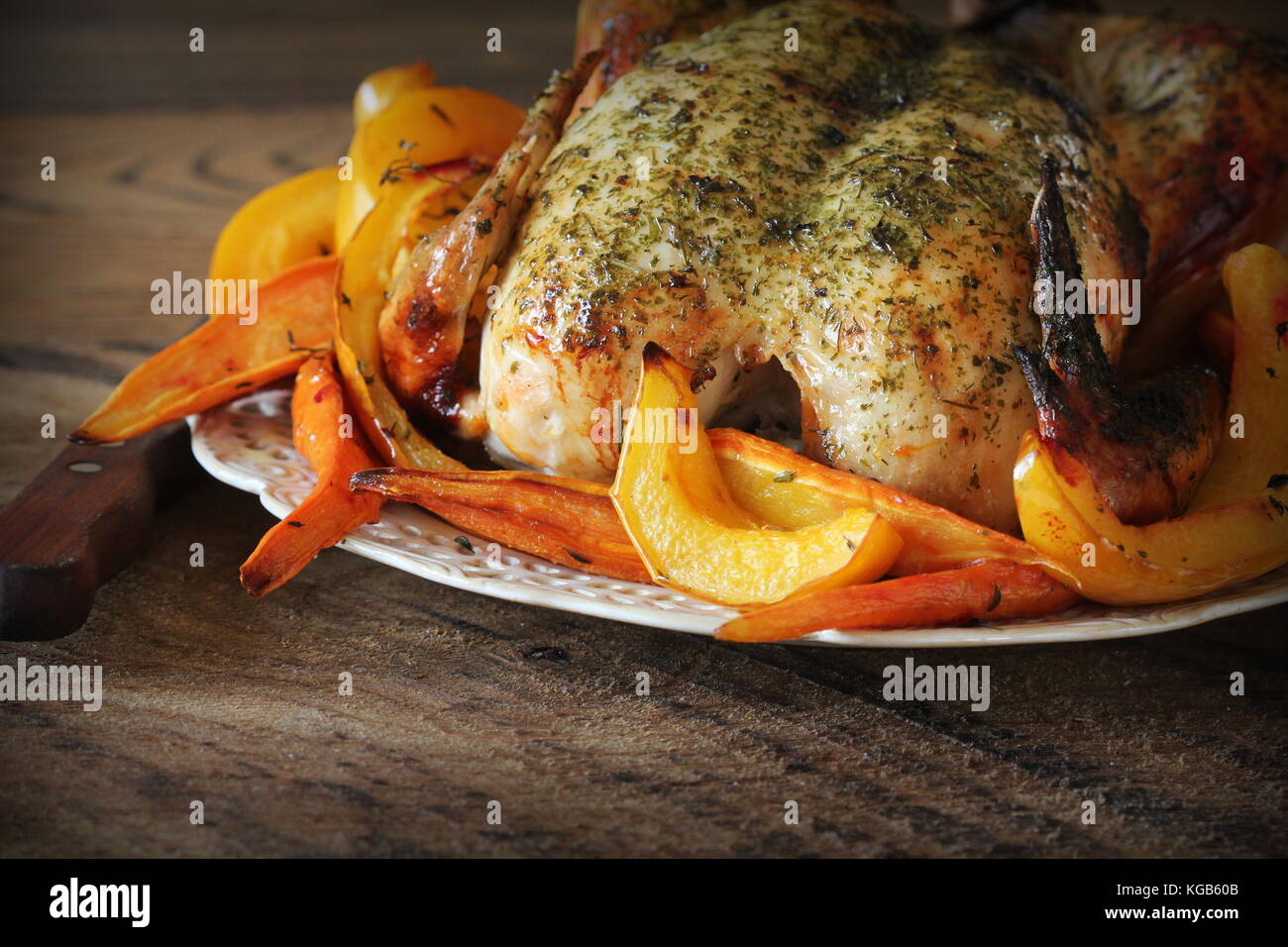 Whole Roasted Chicken With Fall Vegetables Stock Photo Alamy