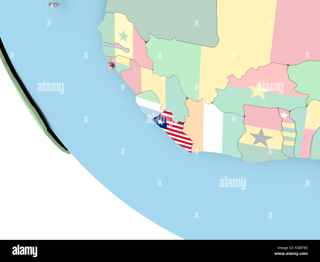 Liberia on bright political globe with embedded flag. 3D illustration ...