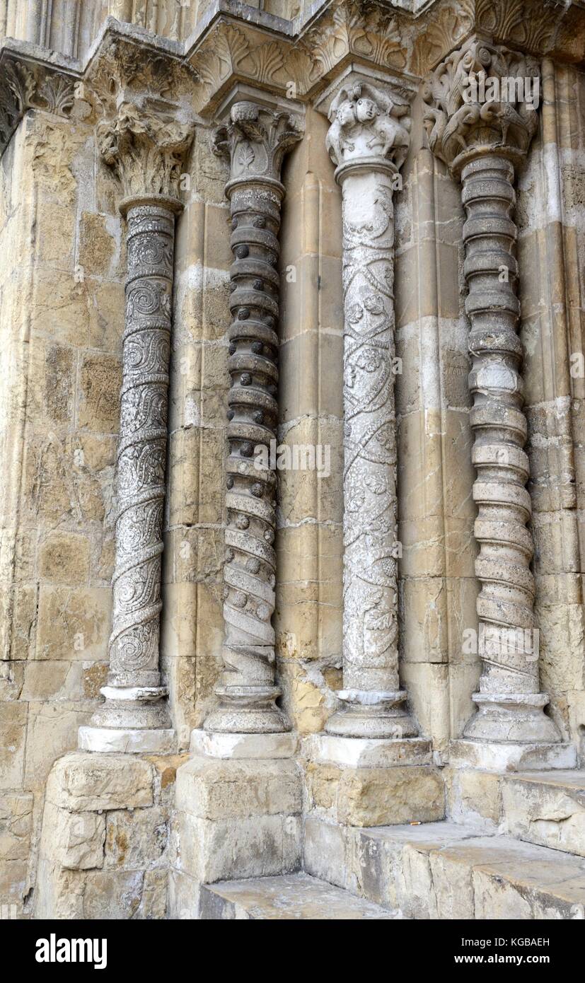 Detail of Romanesque carved stone pillars St Tiago 12th century church ...