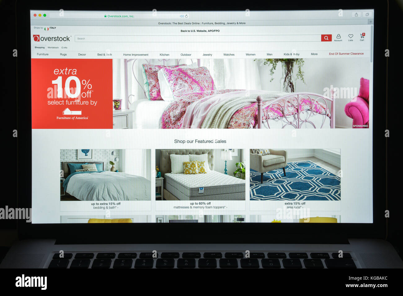 Milan, Italy - August 10, 2017: Overstock website homepage. It is an American internet retailer. Overstock logo visible. Stock Photo