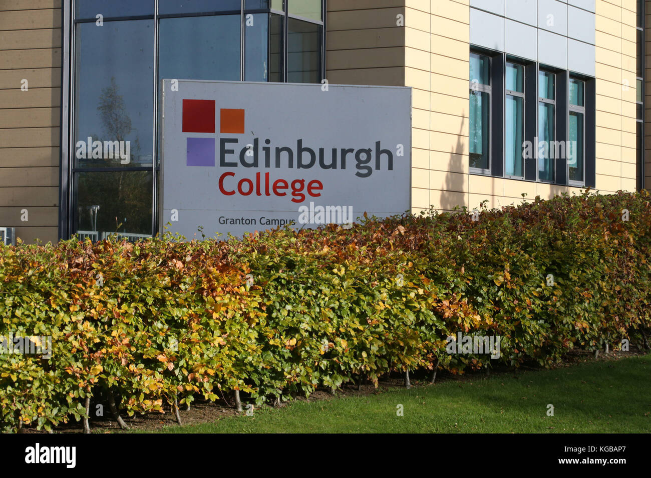 A sign at Edinburgh College's campus in Granton where a police officer suffered non life-threatening injuries after being stabbed in the back. Stock Photo