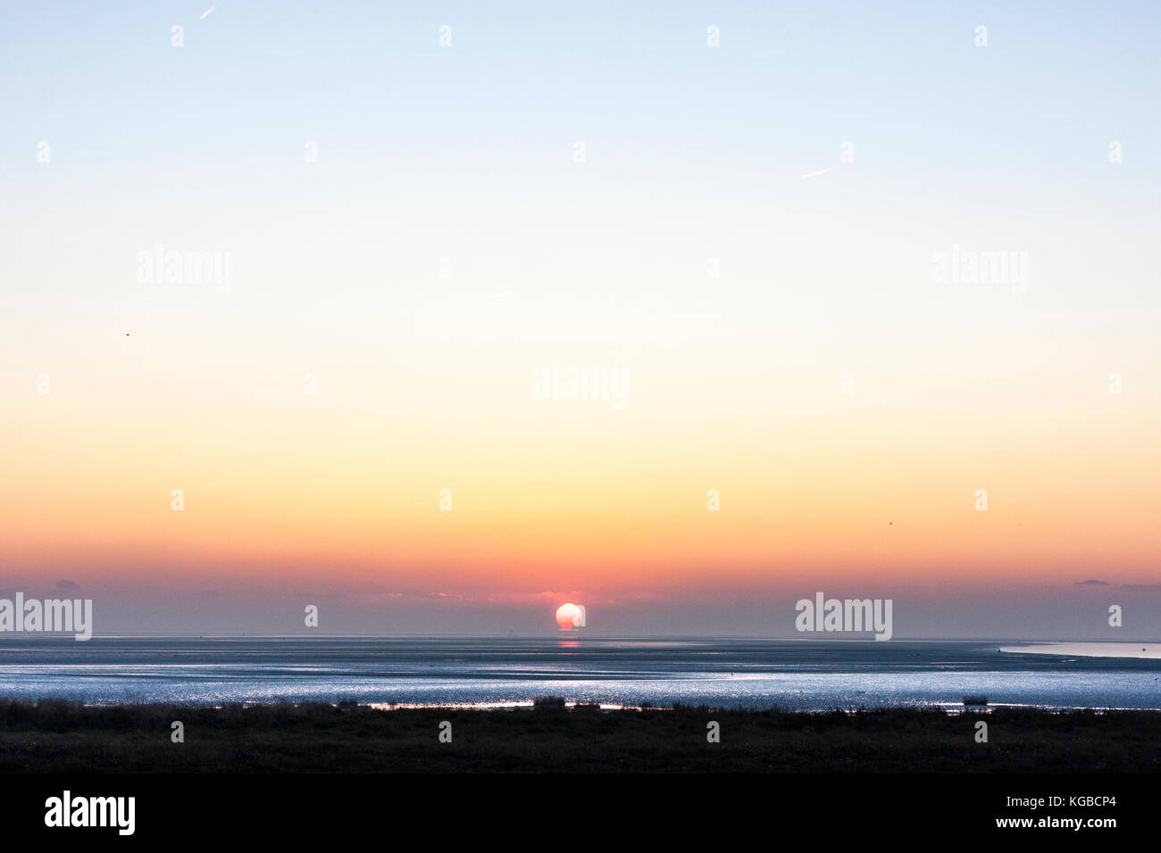 Sun rising over the sea with salt water spartina grass marsh in foreground. Faint cloud on horizon, sky clear above. Calm sea. Pegwell Bay, at Ramsgate, England. Stock Photo