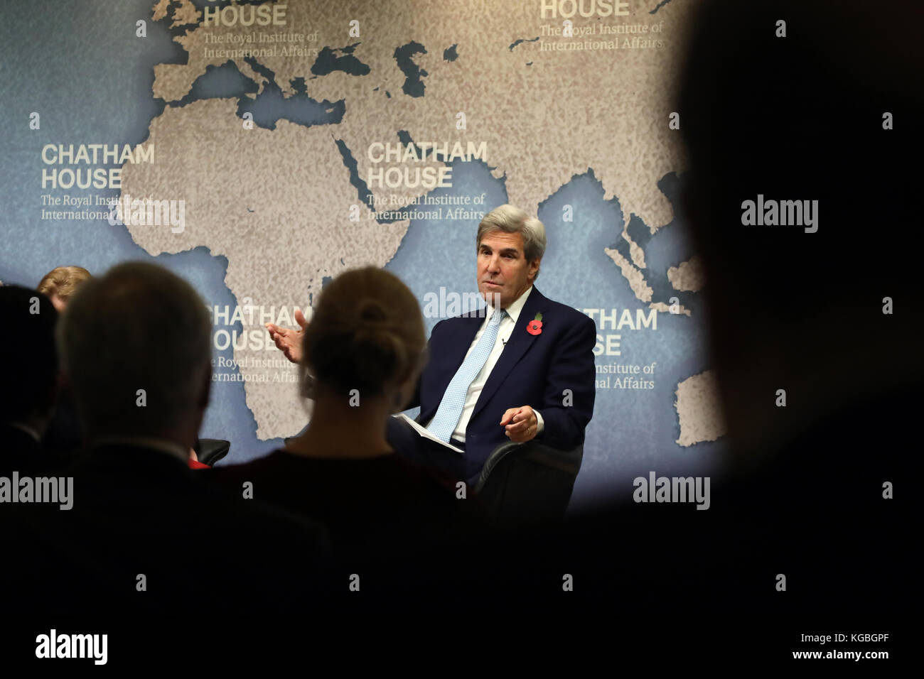 London, UK. 6th November, 2017. John Kerry, former US secretary of state, speaking about the Iranian nuclear deal at the Chatham House think-tank in London on 6 November, 2017. Kerry strongly defended the deal and sharply criticised President Donald Trump for refusing to recertify it in October. Credit: Dominic Dudley/Alamy Live News Stock Photo