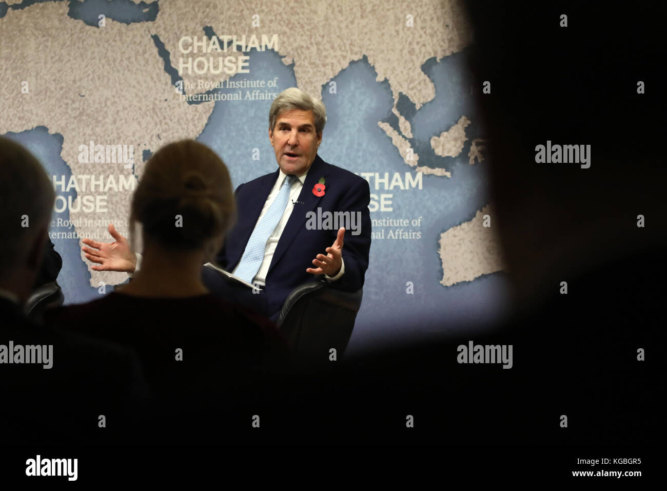 London, UK. 6th November, 2017. John Kerry, former US secretary of state, speaking about the Iranian nuclear deal at the Chatham House think-tank in London on 6 November, 2017. Kerry strongly defended the deal and sharply criticised President Donald Trump for refusing to recertify it in October. Credit: Dominic Dudley/Alamy Live News Stock Photo