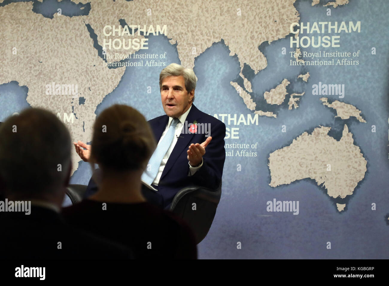 London, UK. 6th November, 2017. John Kerry, former US secretary of state, speaking about the Iranian nuclear deal at the Chatham House think-tank in London on 6 November, 2017. Kerry strongly defended the deal and sharply criticised President Donald Trump for refusing to recertify it in October. Credit: Dominic Dudley/Alamy Live News Stock Photo