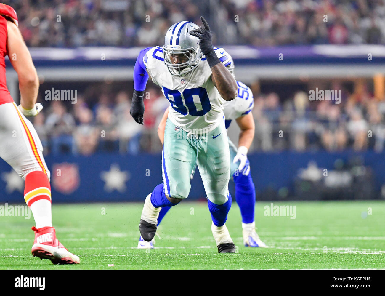 November 05, 2017: Dallas Cowboys defensive end Demarcus Lawrence #90  rushes towards the quarterback during an NFL football game between the  Kansas City Chiefs and the Dallas Cowboys at AT&T Stadium in