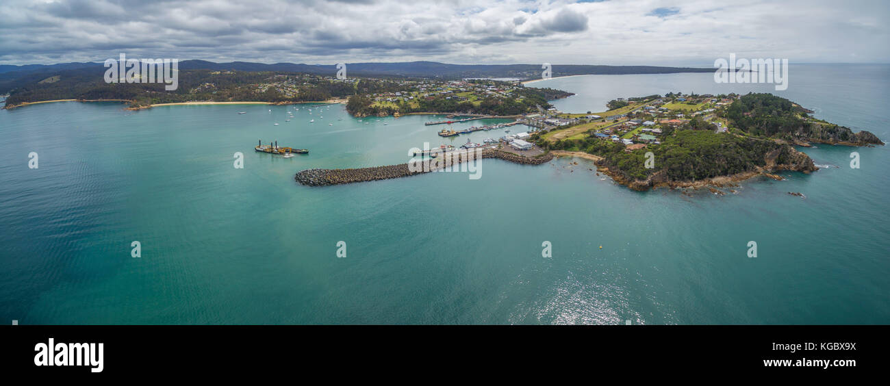Aerial panorama of the lookout point where people watch for whales and wharf in Eden, NSW, Australia Stock Photo