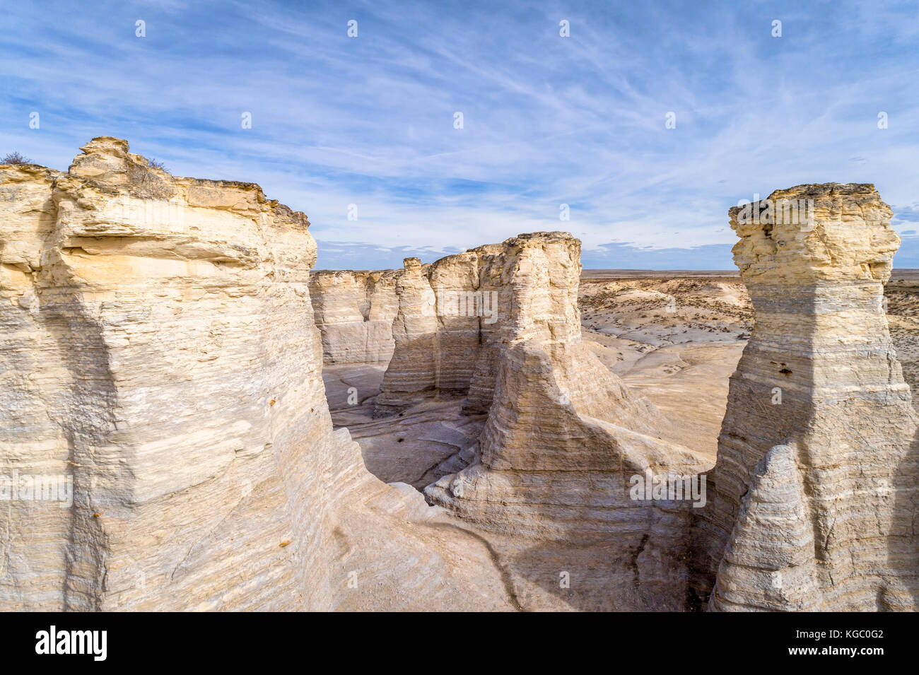 Monument Rocks (Chalk Pyramids) in western Kansas prairie, aerial view