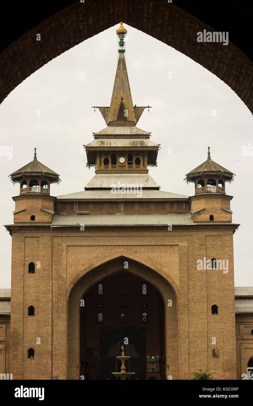Jamia Masjid is a mosque in Srinagar, Jammu & Kashmir, India. The Jamia Masjid of Srinagar is situated at Nowhatta in the middle of the Old City. Stock Photo