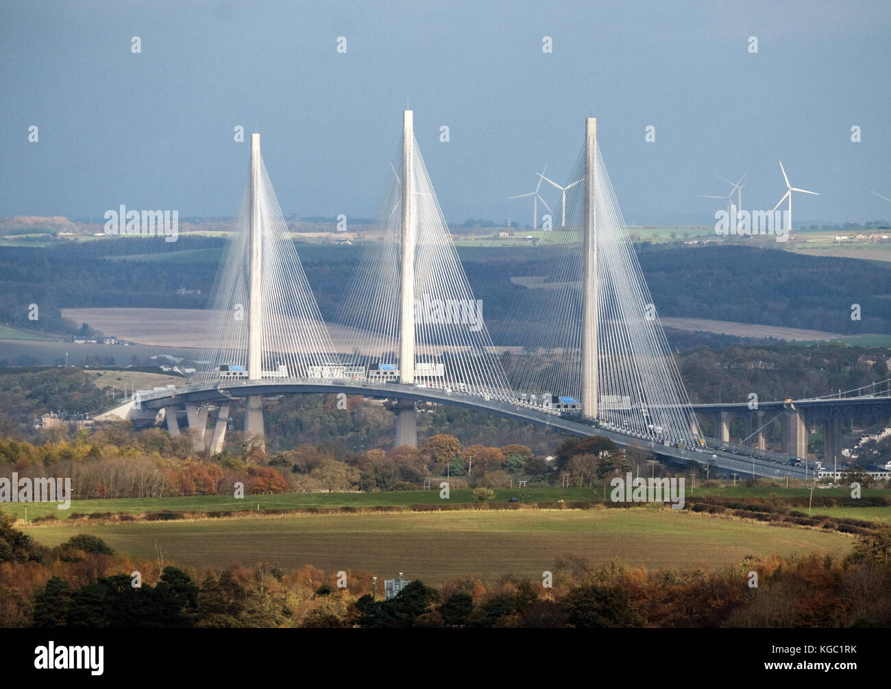 A view from West Lothian towards Fife showing the Queensferry Crossing      road bridge which was opened by the Queen in September 2017. Stock Photo