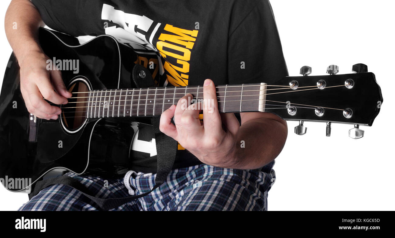 Music black electric acoustic guitar player chord C m7 closeup Stock