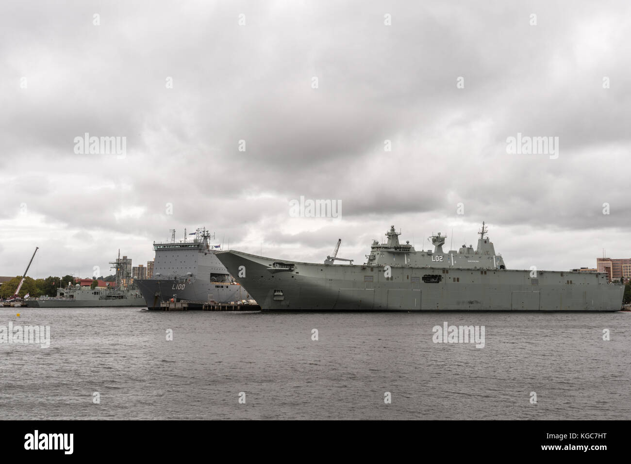 Sydney, Australia - March 23, 2017: L100 Bay Class Landing ship and L1 Landing Helicopter Dock ship are part of the Royal Australian Navy and docked i Stock Photo