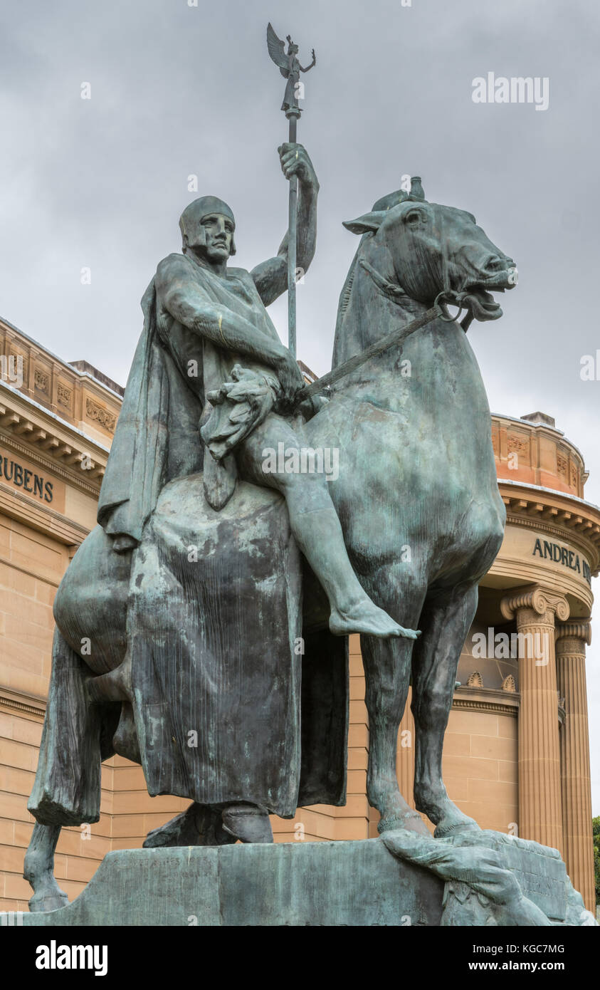 Sydney, Australia - March 23, 2017: Tall Roman style equestrian statue of man on horse representing the offerings of war in front of Vernon building o Stock Photo