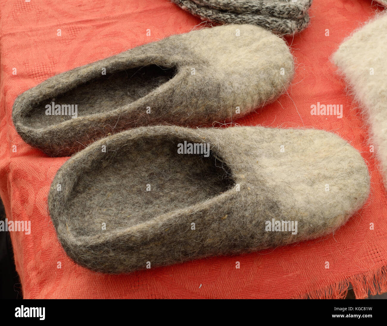 Warm felt shoes are very useful in the winter when it's cold. Stock Photo