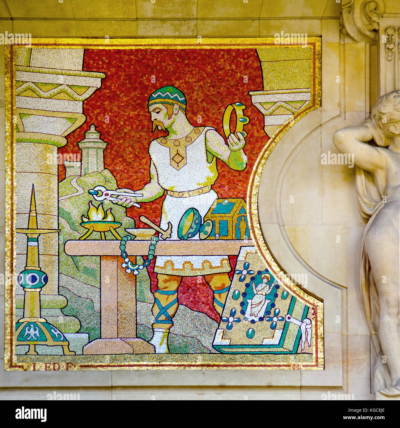 Paris, France. Grand Palais (..des Champs-Élysées): mosaic frieze on the facade (based on drawings by Louis Édouard Fournier) History of Art Stock Photo