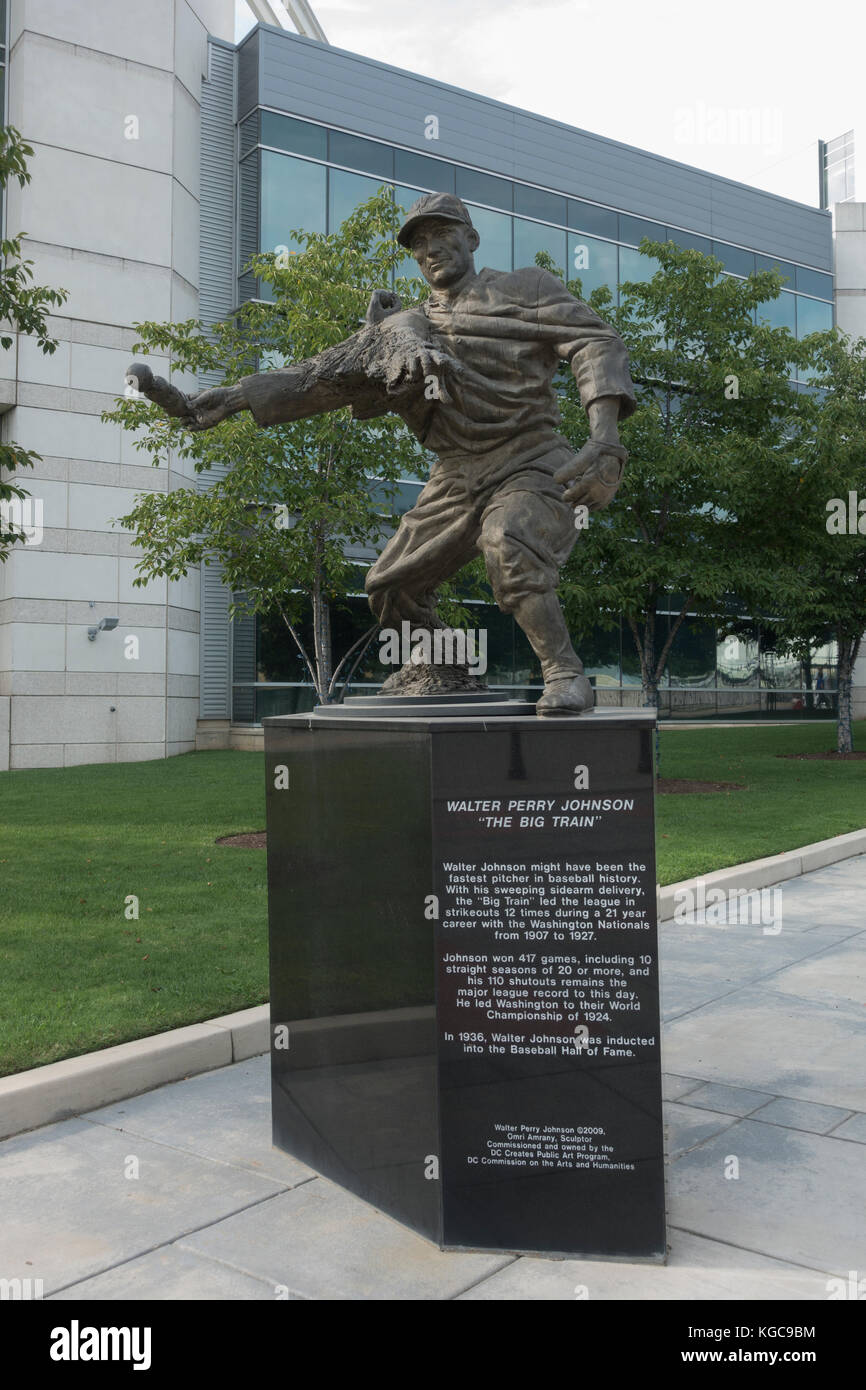 Statue of Walter Perry Johnson ('The Big Train'), Nationals Park, home of the Washington Nationals, Washington DC, United States. Stock Photo