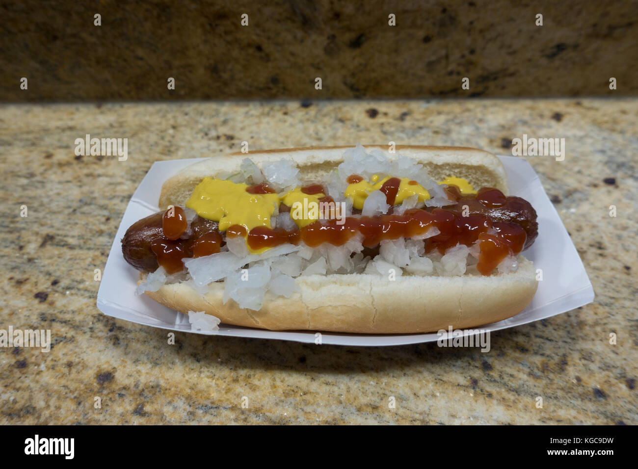 A typical American hot dog purchased inside National Park, home firld to the MLB Washington Nationals, United States. Stock Photo