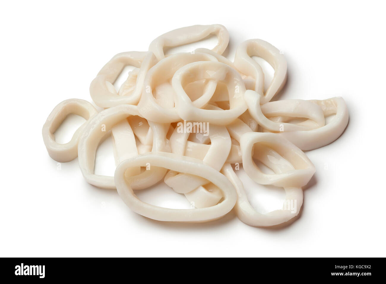 Heap of fresh raw squid rings on white background Stock Photo