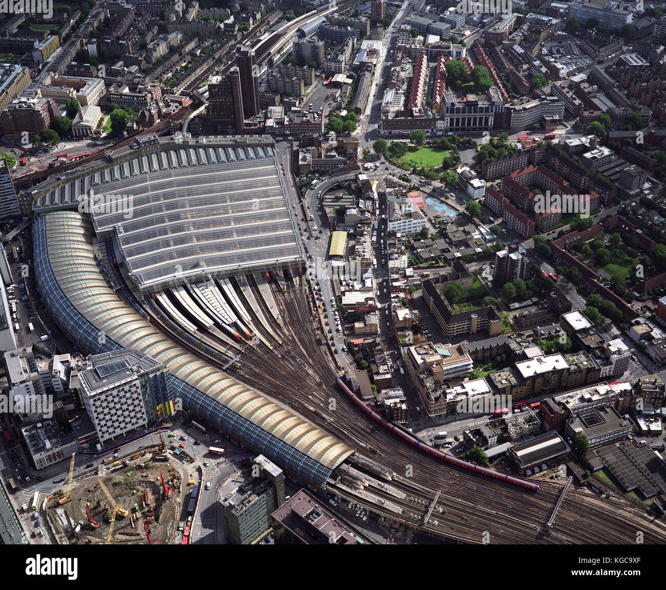 An aerial view of London showing Waterloo International Railway Station. On November 13 2007, the last Eurostar trains will operate from Waterloo befo Stock Photo