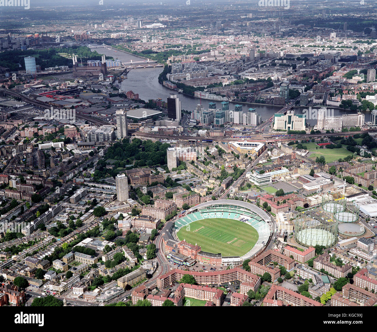 A aerial view of London showing the River Thames, The Oval Cricket Ground, Battersea Power Station, MI6 Building and Vauxhall Cross. Photo by Michael  Stock Photo