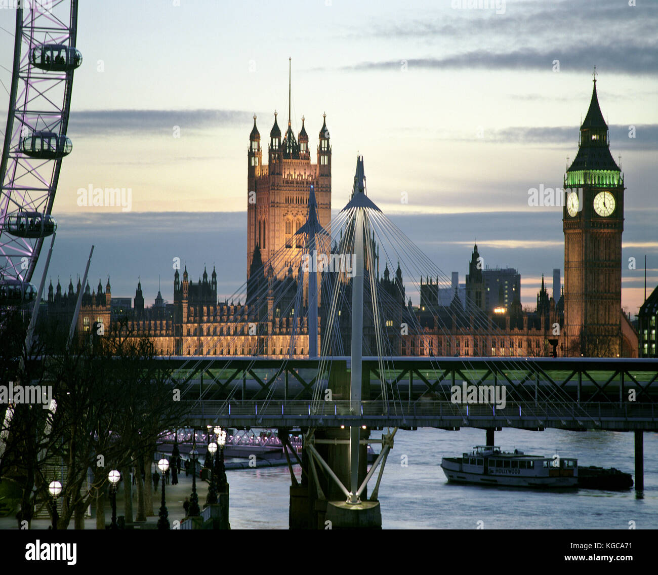 The Houses of Parliament and Big Ben at dusk on a winter's evening in January. The weather in the UK has echoed the volatility of the current activity Stock Photo